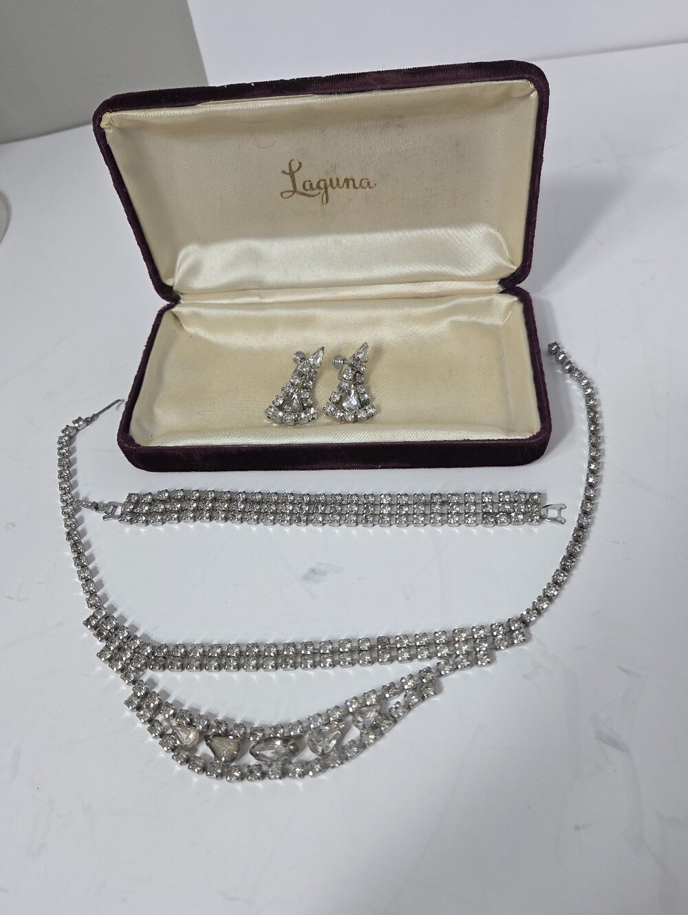 vtg laguna 50s 3pc crown jewel set bracelet necklace earrings art deco with box